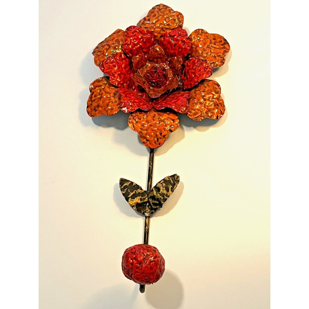 Metal Floral Wall Art Rustic Laquered Metal Sculpture Hook Deco 13.5"X6.5"
